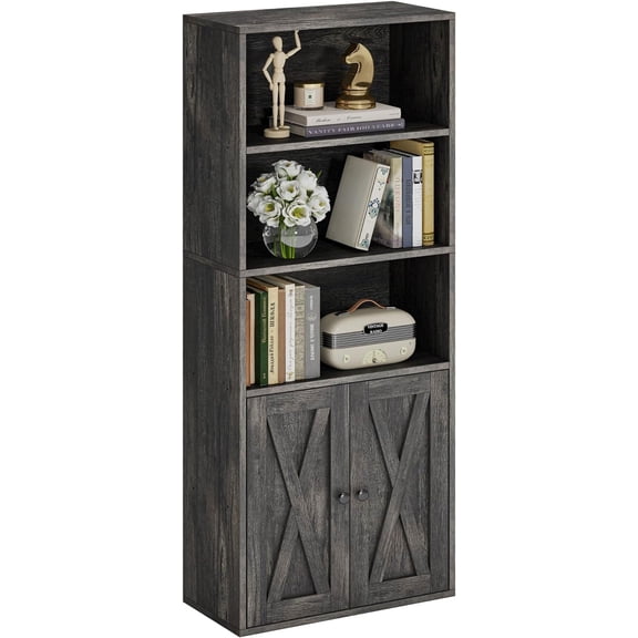 Industrial Bookshelves and Bookcases with Doors 11.8 in Depth Floor Standing 5 Shelf Display Storage Shelves Tall Bookcase for Home, Office, Living Room