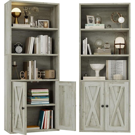 Industrial Bookshelves and Bookcases with Doors 11.8 in Depth Set of 2 Floor Standing 5 Shelf Display Storage Shelves Bookcase Home Decor Furniture for Home, Office, Living Room, Bedroom