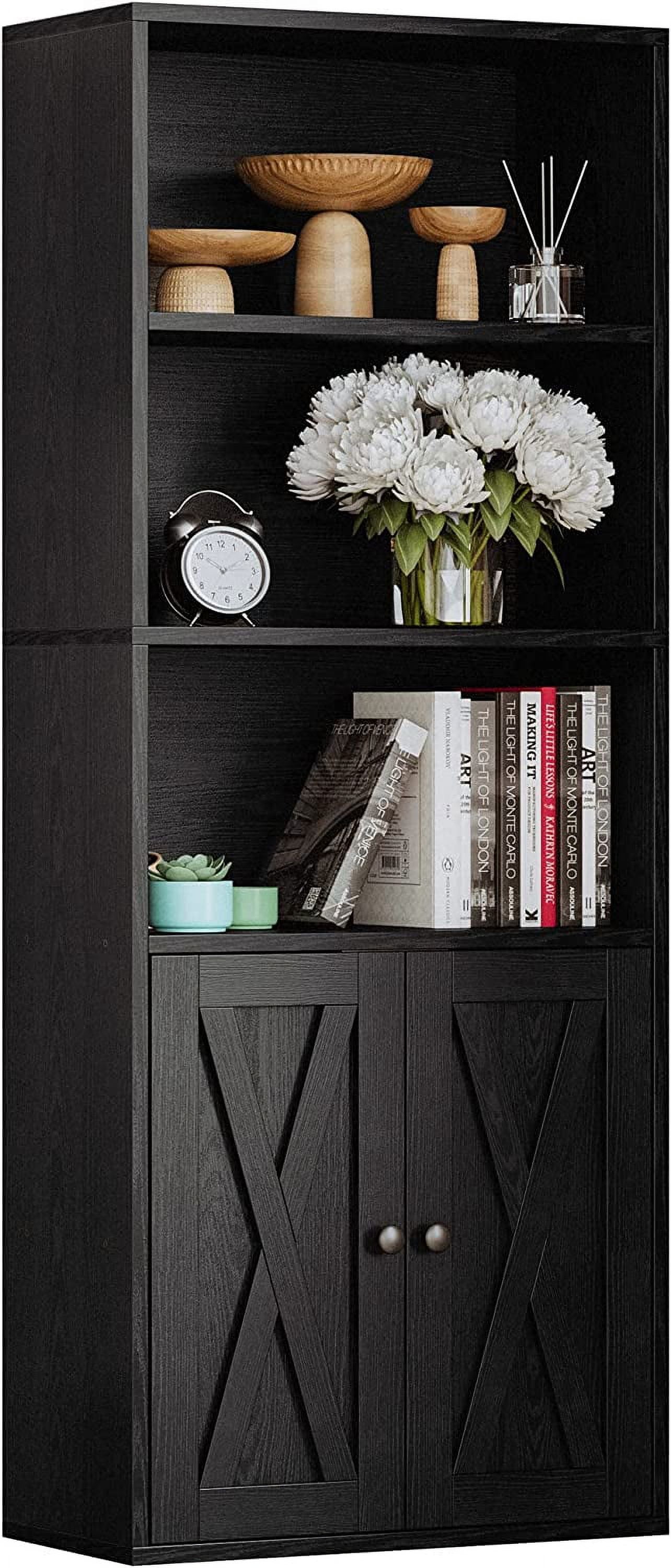 Vintage Black 5-Tier Industrial Bookcase with Doors
