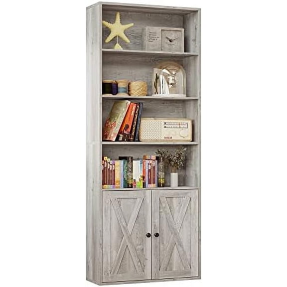 Industrial Bookshelves and Bookcases with Doors Floor Standing 6 Shelf Display Storage Shelves 70 in Tall Bookcase for Home Office, Living Room Beige Maple