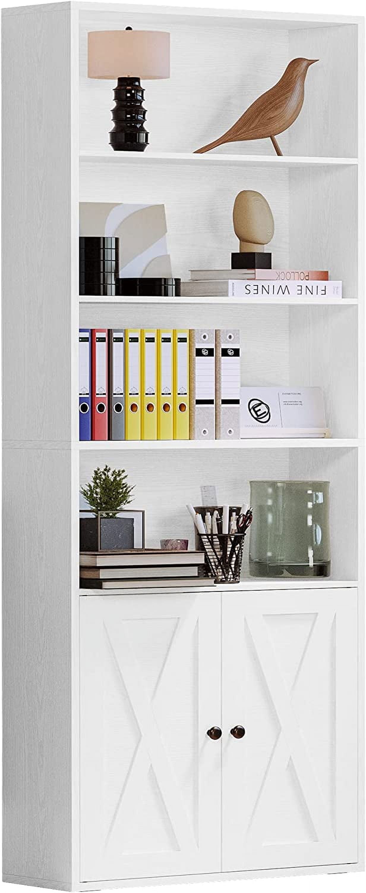 White Industrial 6-Shelf Bookcase with Doors