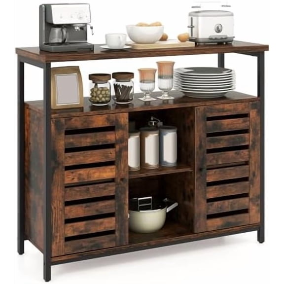Industrial Buffet Cabinet, Sideboard Storage Cabinet with Push-to-Open Slatted Door & 3 Adjustable Shelves, Coffee Bar Station with Anti-Tipping Kits, for Kitchen, Living Room, Rustic Brown