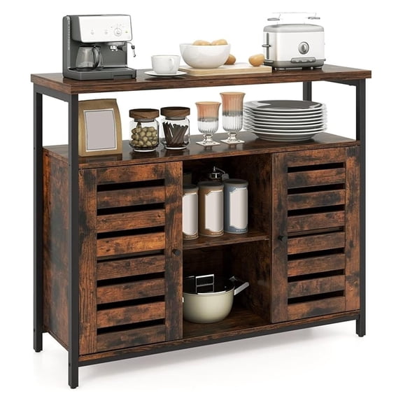 Industrial Buffet Cabinet, Sideboard Storage Cabinet with Push-to-Open Slatted Door & 3 Adjustable Shelves, Coffee Bar Station with Anti-Tipping Kits, for Kitchen, Living Room, Rustic Brown