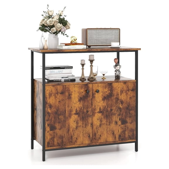 Industrial Buffet Cabinet with Storage, Coffee Bar Station with Open Shelf & 2-Door Cabinet, Credenza Sideboard Cabinet with 3 Enclosed Shelves & Sturdy Metal Frame, Rustic Brown