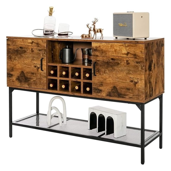 Industrial Buffet Cabinet with Storage, Home Kitchen Wine Cabinet with 8-Bottle Rack & Metal Mesh Shelf, Coffee Bar Sideboard with 2 Door Cabinets, x 16 x 33.5 inches, Rustic Brown