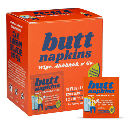 Industrial Butt Napkins, 10 Individually Wrapped, Water-Based Flushable Wipes, Unscented