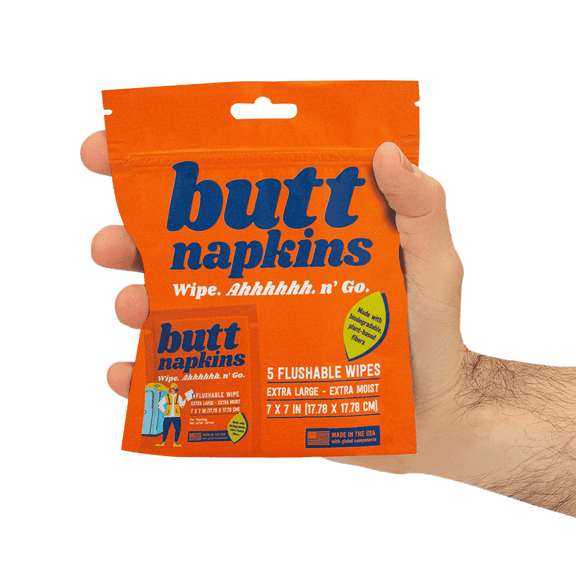 Industrial Butt Napkins, 5 Individually Wrapped, Water-Based Flushable Wipes, Unscented