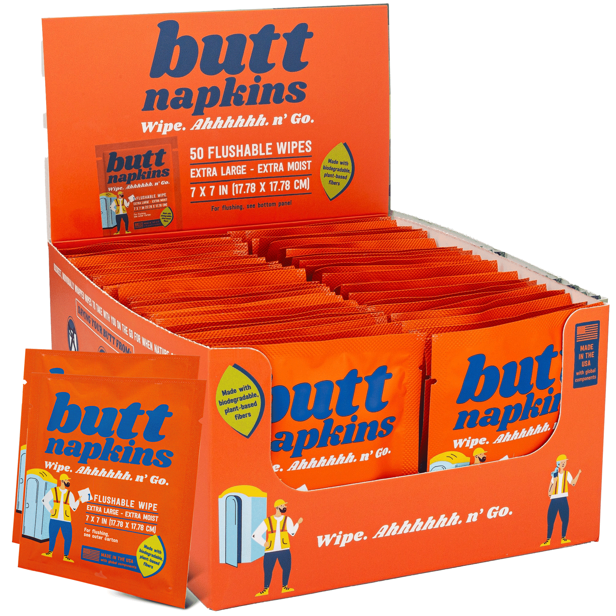 Industrial Butt Napkins, 50 Individually Wrapped, Water-Based Flushable Wipes, Unscented