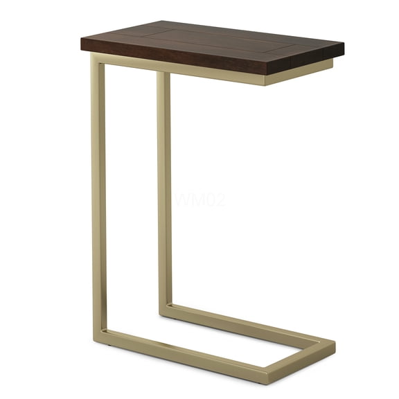 Industrial C-Shaped End Table with Gold Metal Base, Dark Brown Solid Wood Nightstand for Living Room