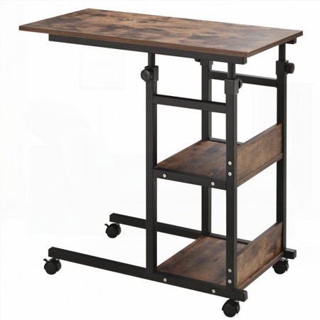 Industrial C-Shaped Side Table on Wheels: 3-Tier Storage & Adjustable Height