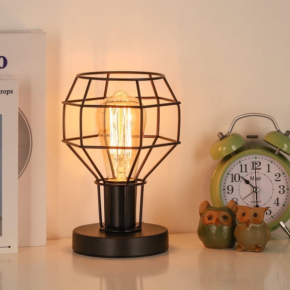 Industrial Cage Table Lamp, Black Metal Wire Cage Bedside Lamp with Inline Switch (E26 Socket, Bulb Not Included)