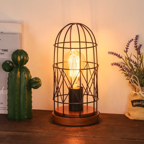 Industrial Cage Table Lamp, Vintage Metal Wire Grid Desk Lamp with Wooden Base, Plug-in Nightstand Lamp with On/Off Switch for Bedroom Living Room Farmhouse Decor, Bulb Not Included