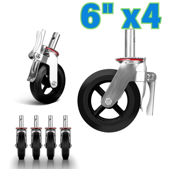 Industrial Casters, 6 Inch Locking Swivel Stem Casters Set of 4, Rubber Casters No Noise Wheels Heavy Duty Castors, Caster Wheels 4400lbs Load for Cart and Trolley