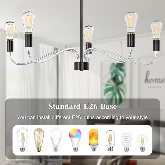 Industrial Chandelier, 5-Light Flush Mount Ceiling Light Fixture, Adjustable Modern Chandelier for Dining Room Over Table, Height Adjustable Pendant Light for Kitchen Island Living Dining Room