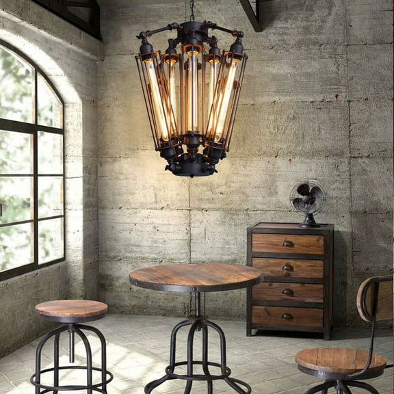 Industrial Chandelier Retro Pendant Lamp Pavilion Ceiling Fixture Metal Cage Chandelier Steampunk American Style Used for Kitchen Restaurant Bar Hotel Lighting