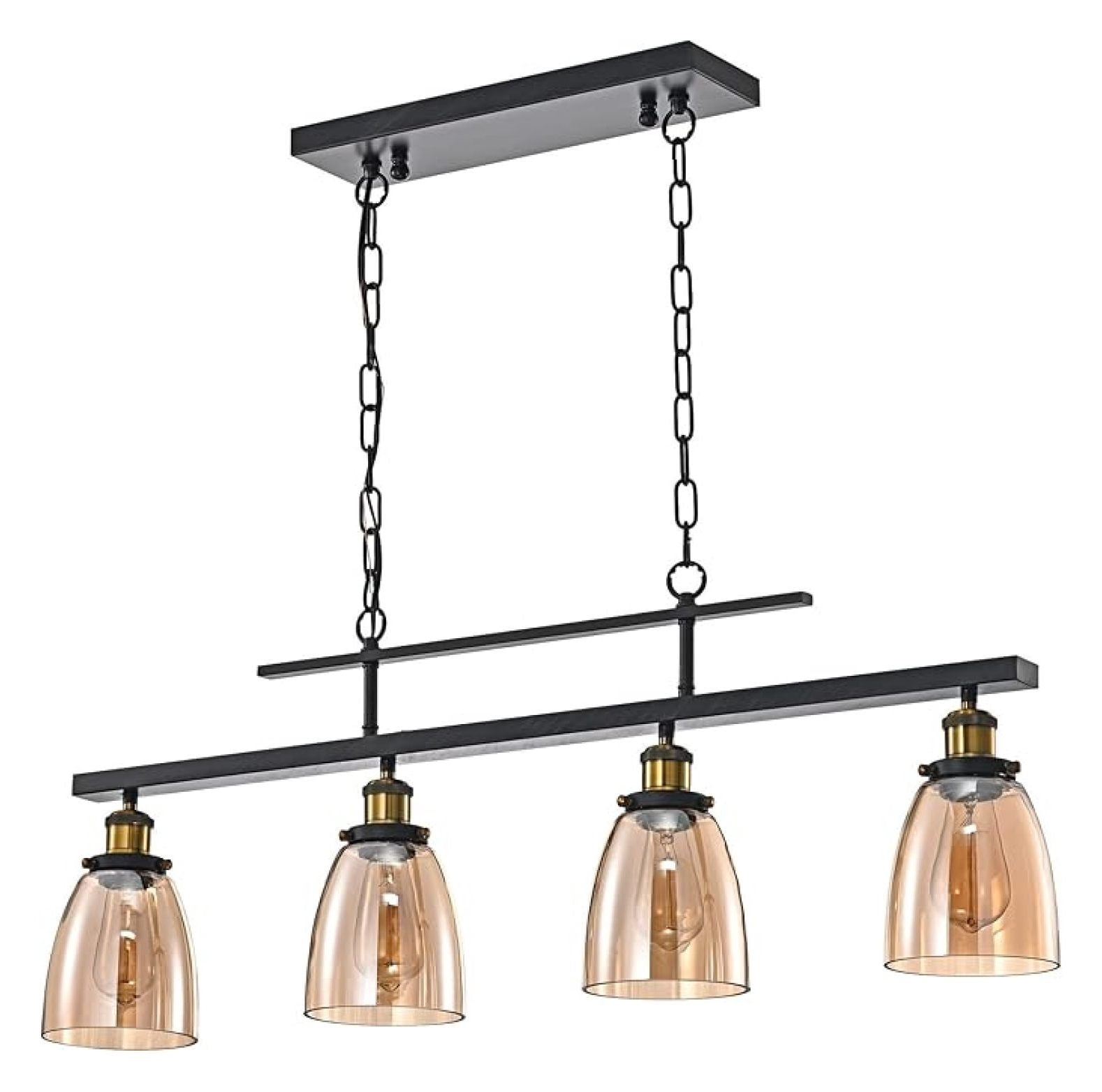 Industrial Chandelier with Amber Glass Shades, Downlight Antique Black Ceiling Light for Kitchen Island, Dining Room, and Pool Table