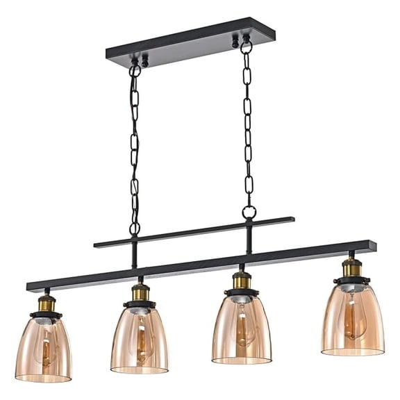 Industrial Chandelier with Amber Glass Shades, Downlight Antique Black Ceiling Light for Kitchen Island, Dining Room, and Pool Table