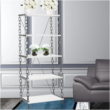 Industrial Chic Bookshelf Display with Metal Frame and 5 Shelves, Black and White