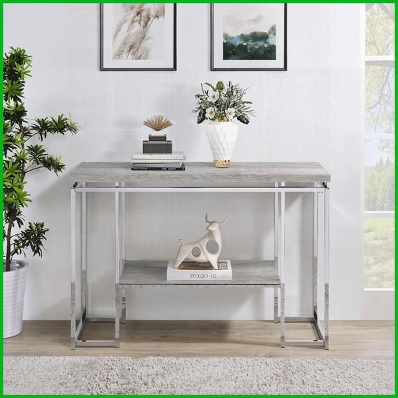 Industrial Chic Natural Oak Coffee Table with Chrome Base, Open Shelf Storage for Living Room
