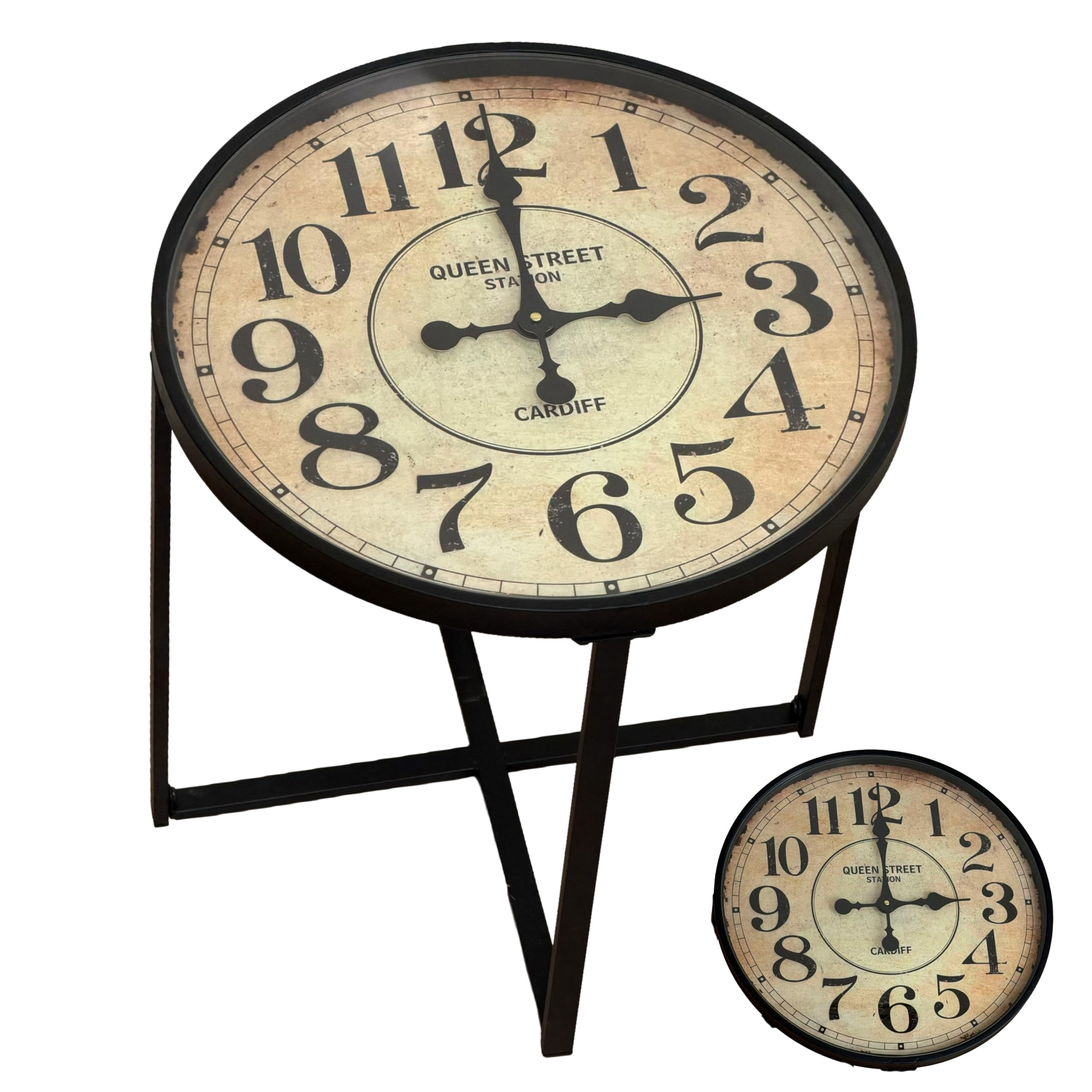 Square Clock Frame Industrial Chic Side Table, Circular, Brown Metal Frame, Clock Top, 4 ...