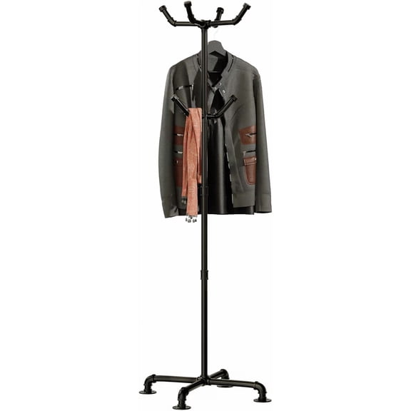 Industrial Coat Rack,Metal Pipe Coat Rack Stand Freestanding with 6 Hooks,Heavy Duty Coat Tree Sturdy Coat Racks for Entryway, Hallway, Bedroom (Black)