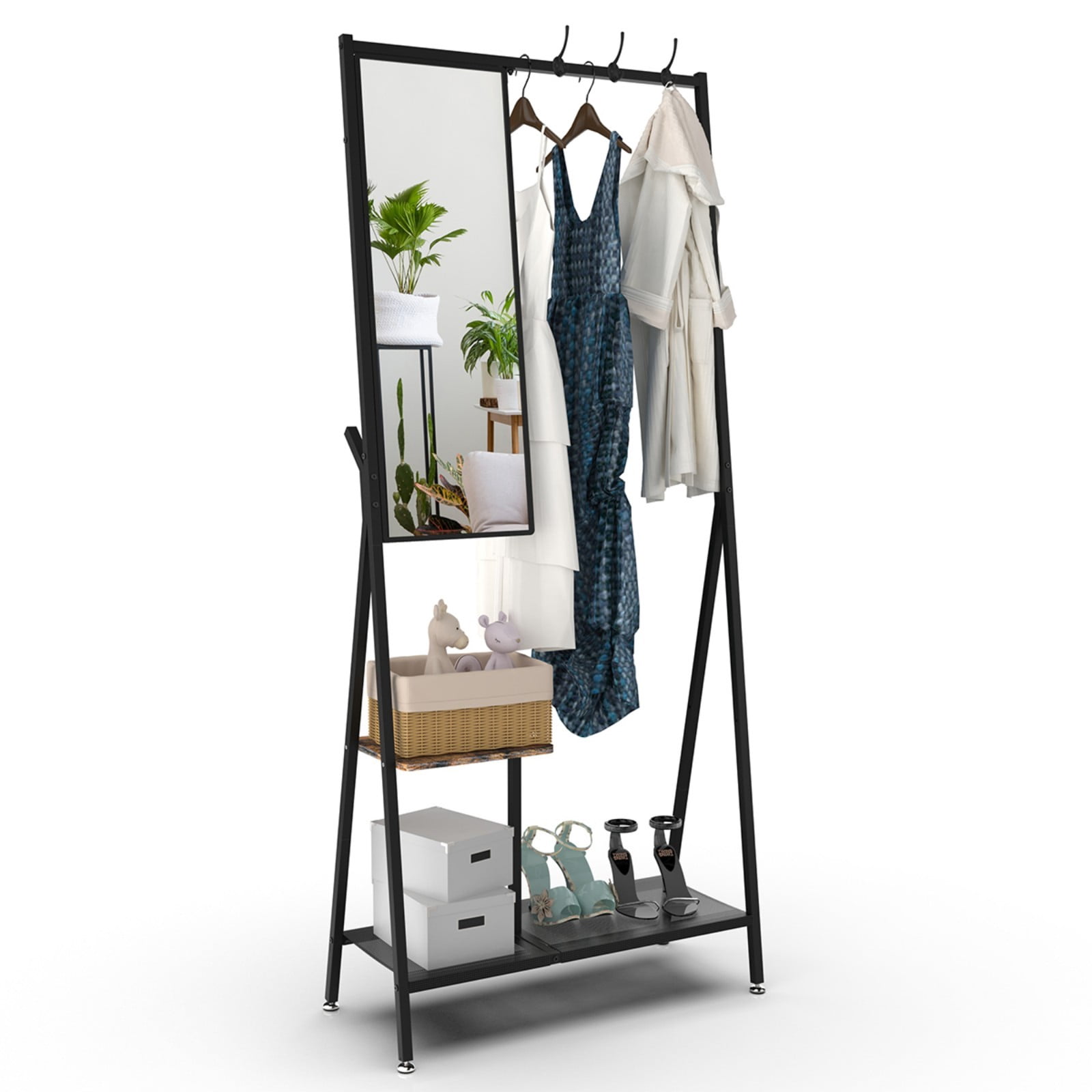 Industrial Coat Rack with Mirror, Multifunctional Wall Mounted Hall Tree with Shoe Storage & Hooks, Space-Saving Entryway Organizer for Living Room Bedroom Hallway, Rustic Brown & Black