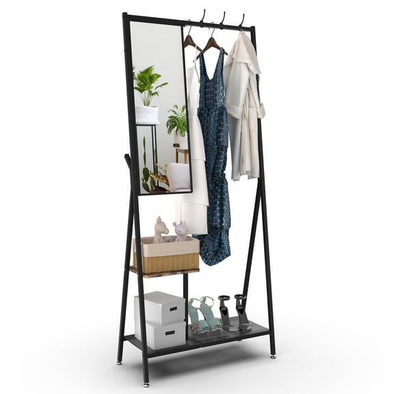 Industrial Coat Rack with Mirror, Multifunctional Wall Mounted Hall Tree with Shoe Storage & Hooks, Space-Saving Entryway Organizer for Living Room Bedroom Hallway, Rustic Brown & Black