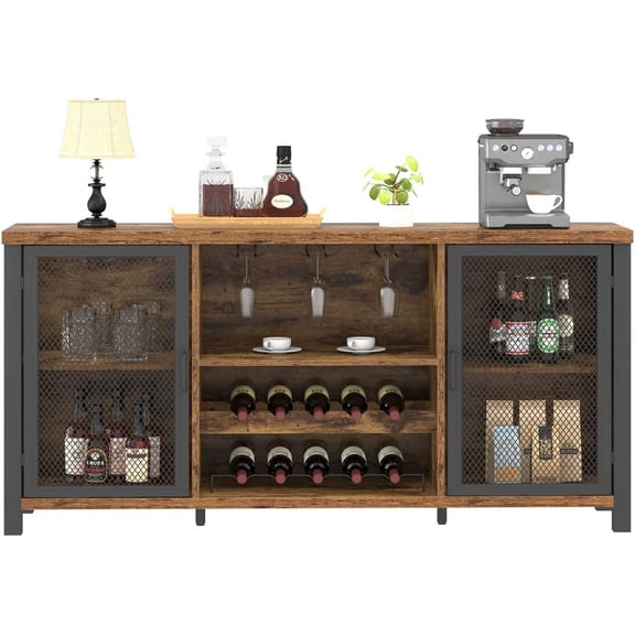 Industrial Coffee Bar Cabinet, Wine Bar Cabinet for Liquor and Glasses, Liquor Cabinet with wine Rack Storage, Wood Metal Sideboard Buffet Cabinet for Home Kitchen Dining, Rustic Brown 55 Inch