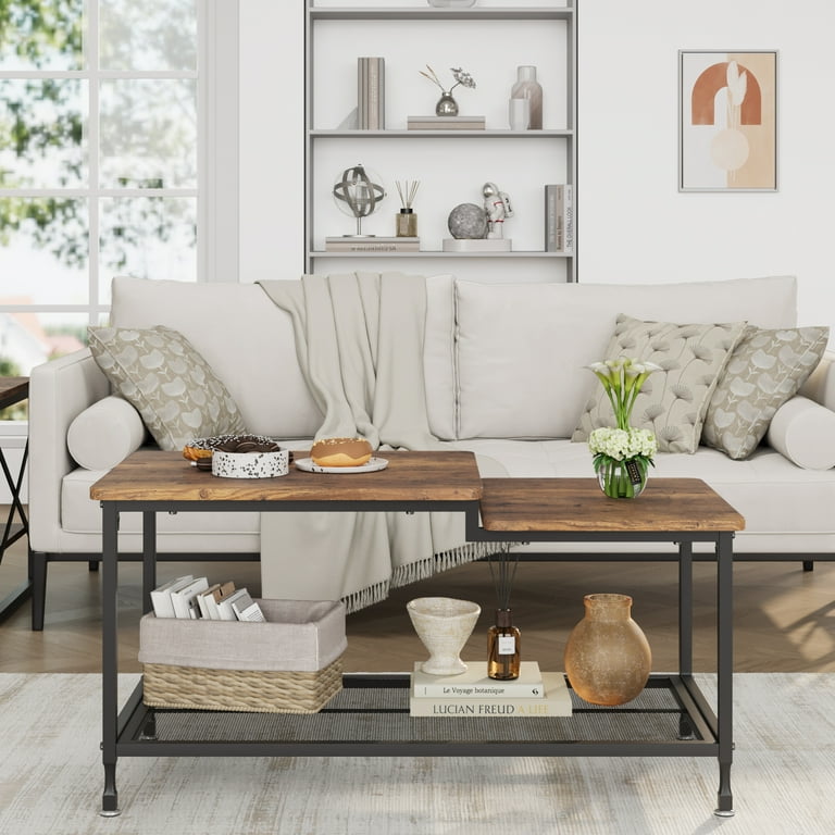 Industrial Coffee Table 2 Tier Rectangle Storage Cocktail Table Living Room Table Rustic Center Table with Mesh Shelf Metal Frame Sturdy Coffee