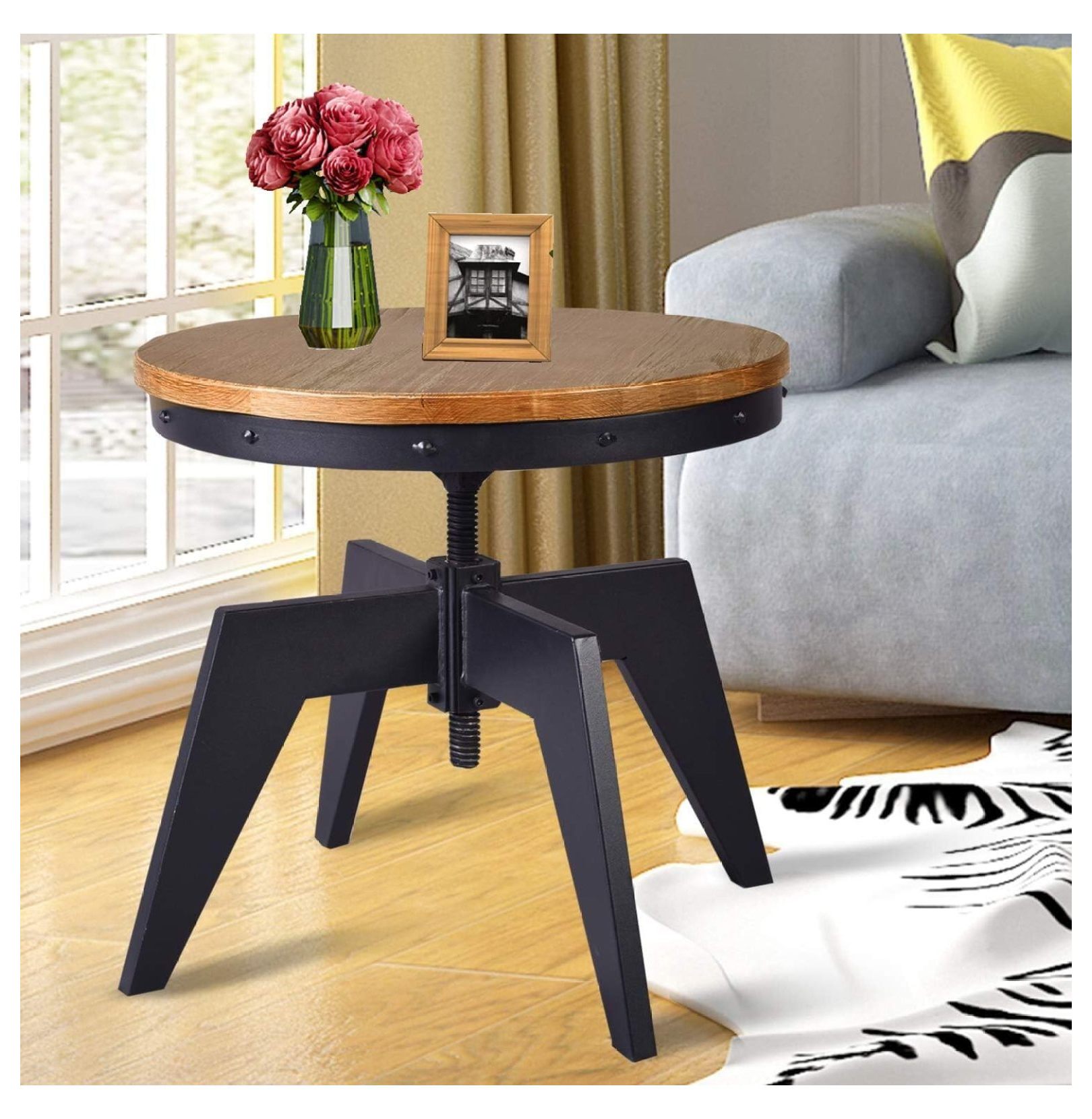 Industrial Coffee Table 24" D Round Small Wood Coffee Accent Table for Living Room Height