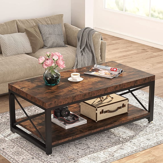 Industrial Coffee Table, 43" Cocktail Table with Storage Shelf for Living Room
