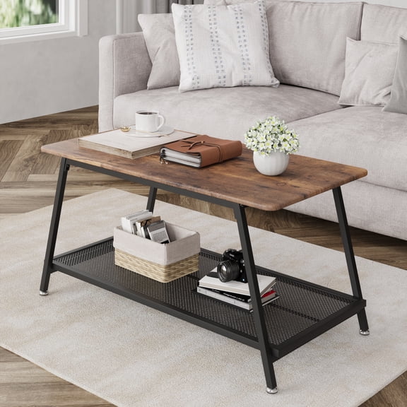 Industrial Coffee Table Center Table, 39.3"W 2-Tier Rectangle Console Table with Storage Shelf and Adjustable Feet, Cocktail Table with Mesh Shelf and Metal Frame, Easy to Assemble