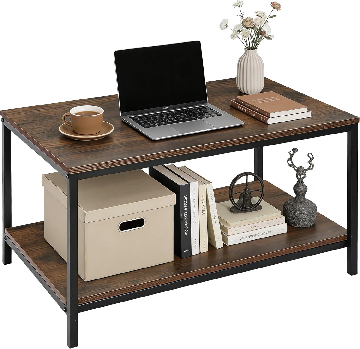 Industrial Coffee Table with Storage Shelf for Living Room, Wood Look ...