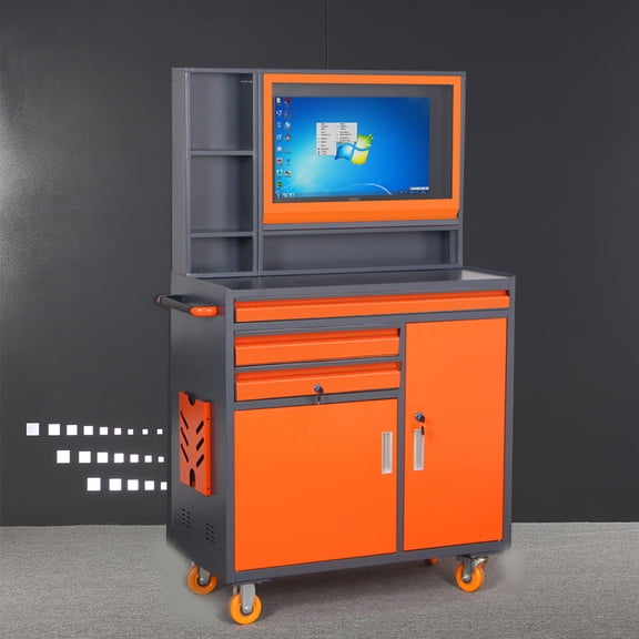 Industrial Computer Cabinet with Mobile Swivel Wheels & Storage Drawers for Auto Repair Shops - Heavy-Duty Cold-Rolled Steel Construction, Durable Tool Storage Solution