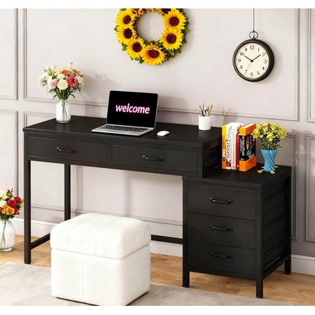 Industrial Computer Desk With 5 Drawers - Reversible File Cabinet Printer Stand, Rustic Home Office Writing Desk With Storage, Small Space PC Workstation (Black)