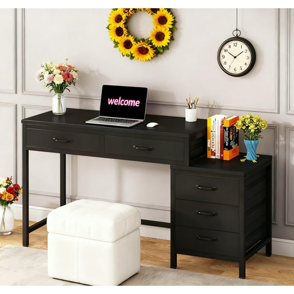 Industrial Computer Desk With 5 Drawers - Reversible File Cabinet Printer Stand, Rustic Home Office Writing Desk With Storage, Small Space PC Workstation (Black)