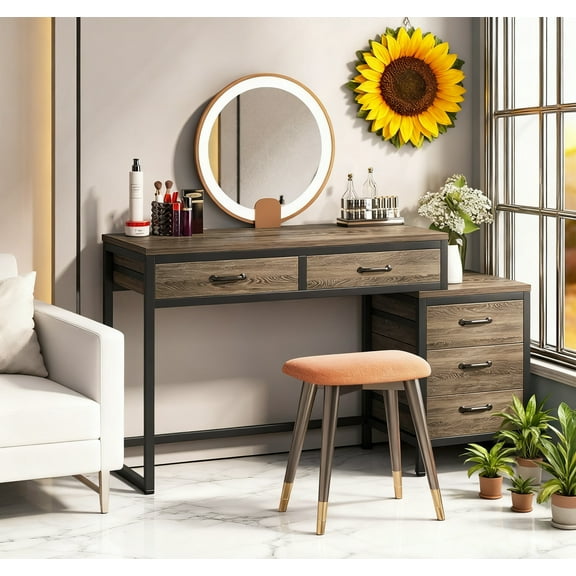 Industrial Computer Desk With 5 Drawers - Reversible File Cabinet Printer Stand, Rustic Home Office Writing Desk With Storage, Small Space PC Workstation (Grey)