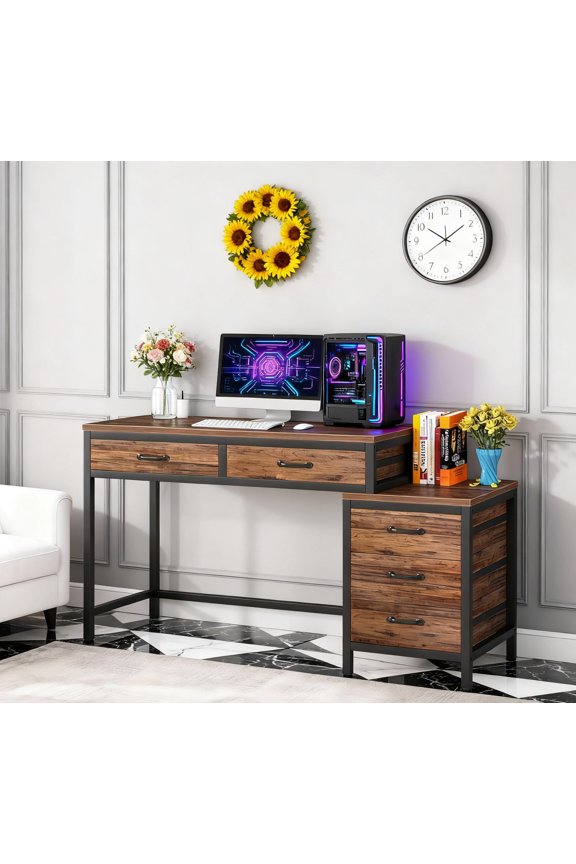 Industrial Computer Desk With 5 Drawers - Reversible File Cabinet Printer Stand, Rustic Home Office Writing Desk With Storage, Small Space PC Workstation (Rustic Brown)