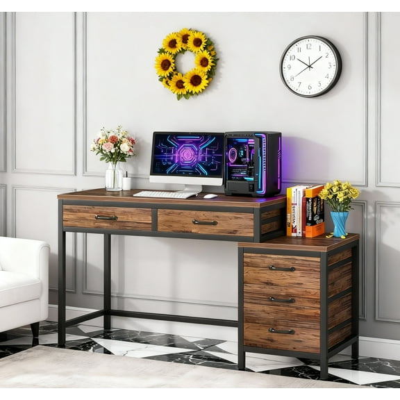Industrial Computer Desk With 5 Drawers - Reversible File Cabinet Printer Stand, Rustic Home Office Writing Desk With Storage, Small Space PC Workstation (Rustic Brown)