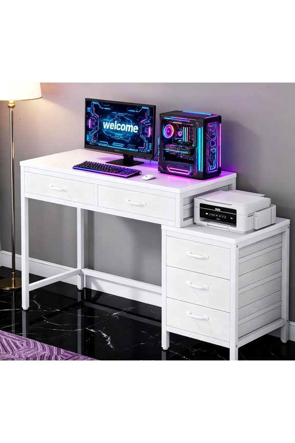 Industrial Computer Desk With 5 Drawers - Reversible File Cabinet Printer Stand, Rustic Home Office Writing Desk With Storage, Small Space PC Workstation (White)