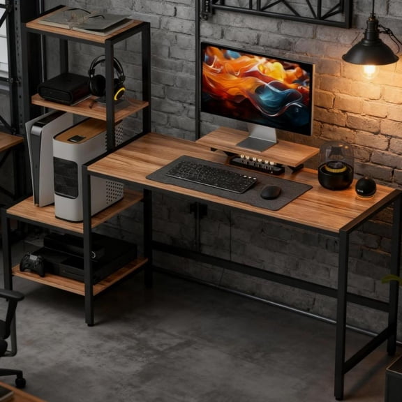 Industrial Computer Desk with Monitor Stand & Reversible 4-Tier Shelf - CPU Writing Desk