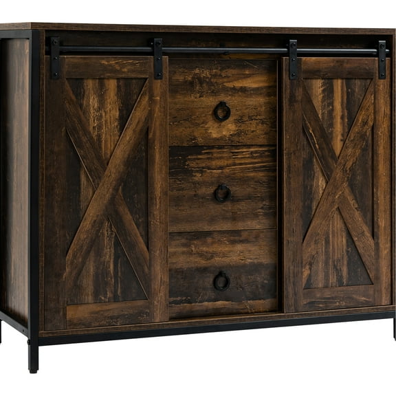 Industrial Console Cabinet, Rustic Brown With Sliding Barn Doors, Three Drawers And Adjustable Shelves For Living Space Decoration Buffet - Drawers, Room Furnishing
