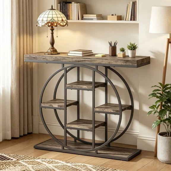Industrial Console Sofa Table 39.4 Inch Entryway Table with 6 Storage Shelves, Rustic Oak Wood Grain Finish, Heavy Duty Steel Frame, Narrow Accent Table for Living Room, Hallway, Entryway, Bedroom