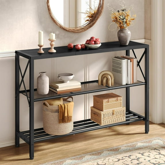 Industrial Console Table, 3 Tier Entryway Table, Hallway Table, Narrow Sofa Table with Shelves, Entrance Table for Entryway, Living Room, Foyer, Hallway, Office, Black