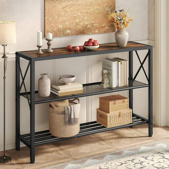 Industrial Console Table, 3 Tier Entryway Table, Hallway Table, Narrow Sofa Table with Shelves, Entrance Table for Entryway, Living Room, Foyer, Hallway, Office, Rustic Brown&Black