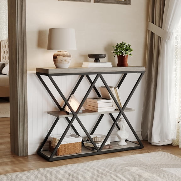 Industrial Console Table, 3-Tier Entryway Table, Open Shelf Console Sofa Table, Adjustable Feet for Living Room, Hallway, Marble