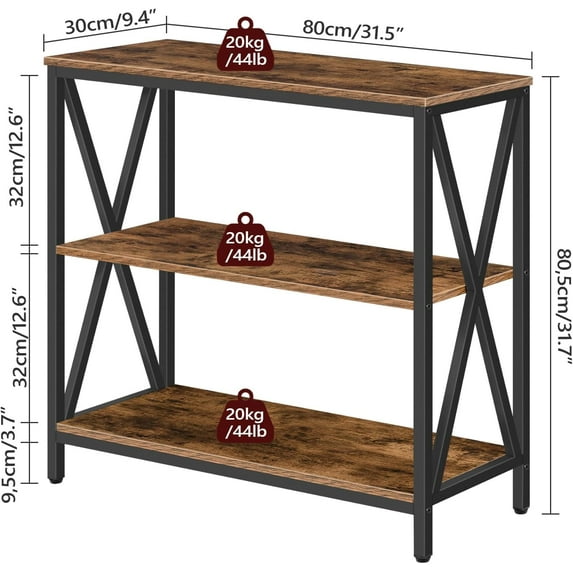 Industrial Console Table, 3-Tier Narrow Side Table with Open Shelves, Rustic Brown for Entryway, Hallway, Living Room