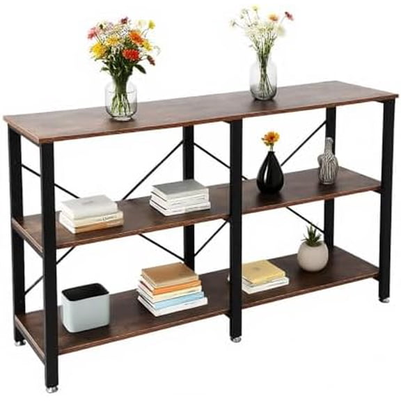 Industrial Console Table 55 Inch, Sofa Table with 3-Tier Storage Shelves, Vintage Brown TV Stand for Living Room, Entryway Hallway with Metal Frame$$Furniture
