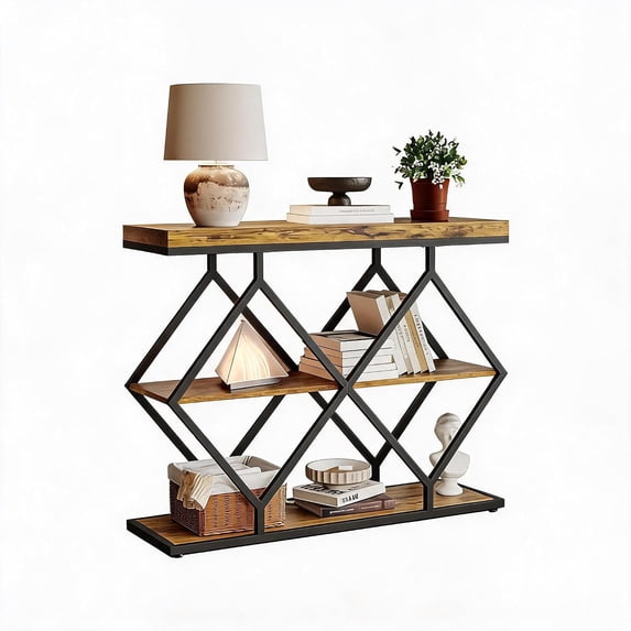 Industrial Console Table with Diamond Metal Frame and 3-Tier Storage ...