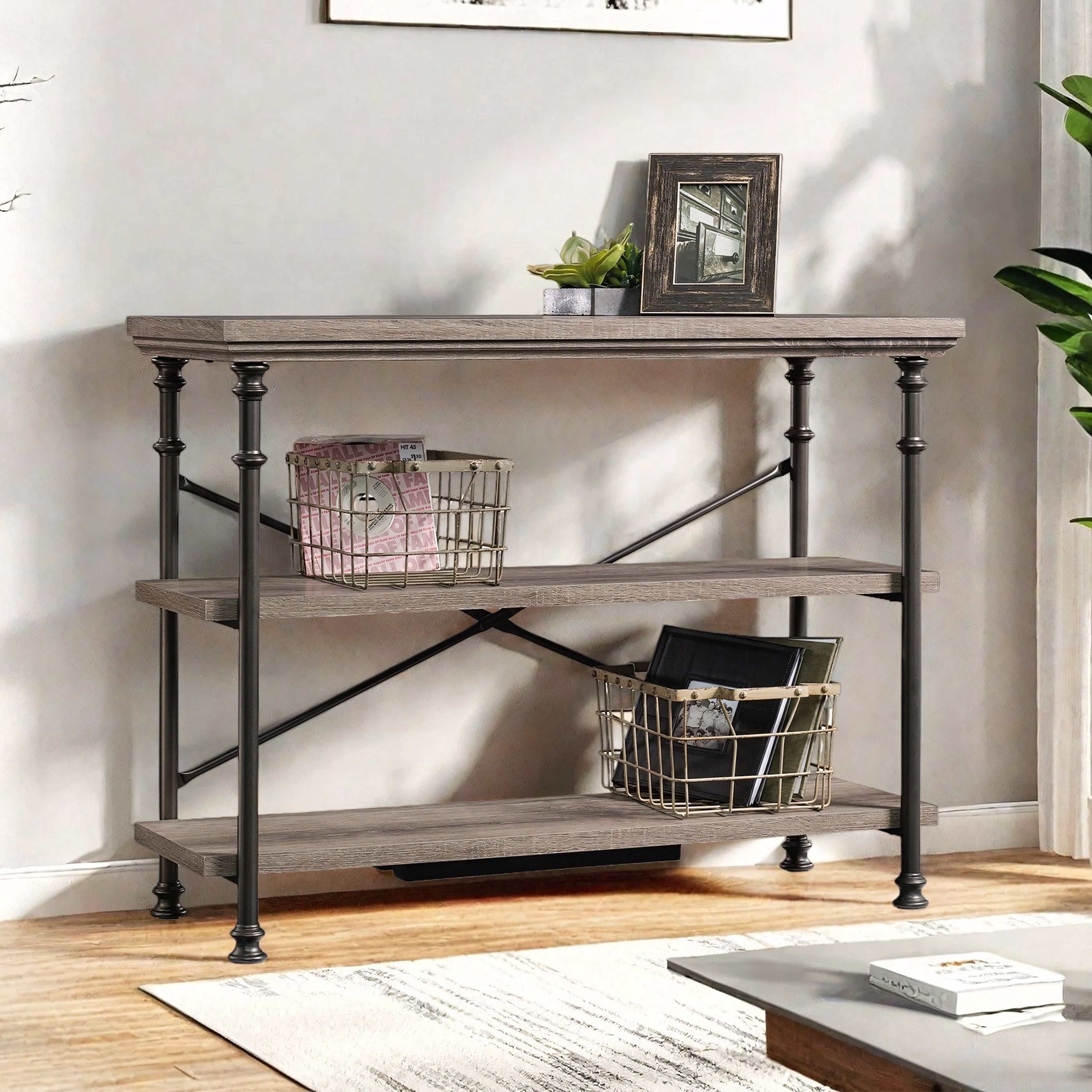 Industrial 3 Tier Console Table with Metal Frame and Multi Level ...